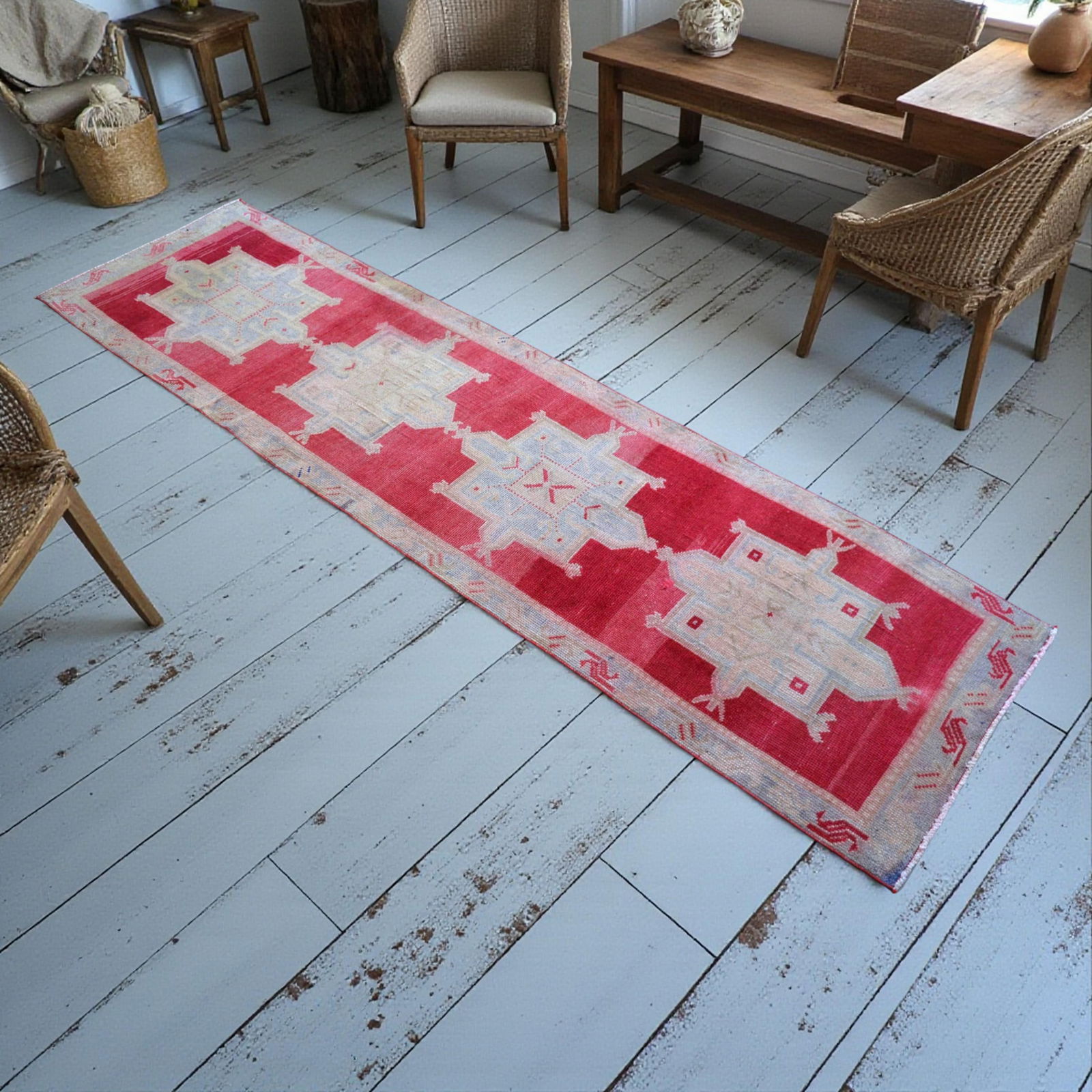 1970s Red Kurdish Herki Hand-Knotted Distressed Runner Hallway Decor - 2
