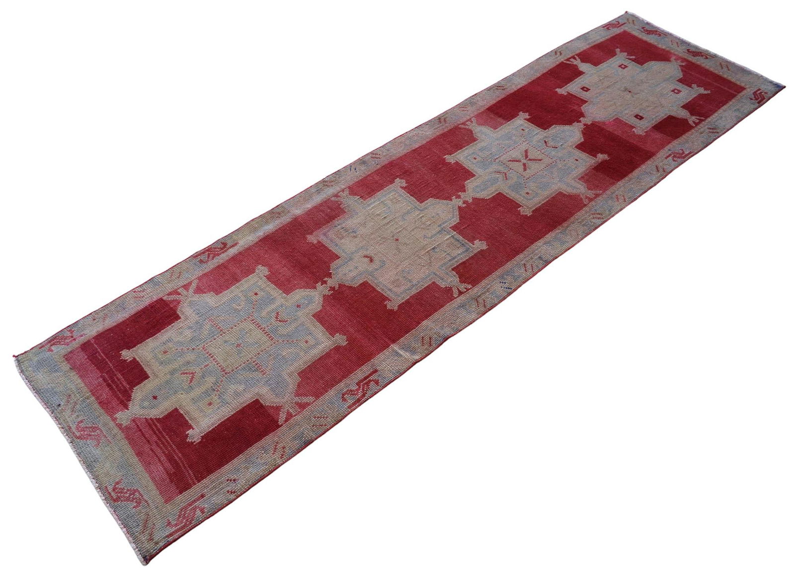 1970s Red Kurdish Herki Hand-Knotted Distressed Runner Hallway Decor - 4