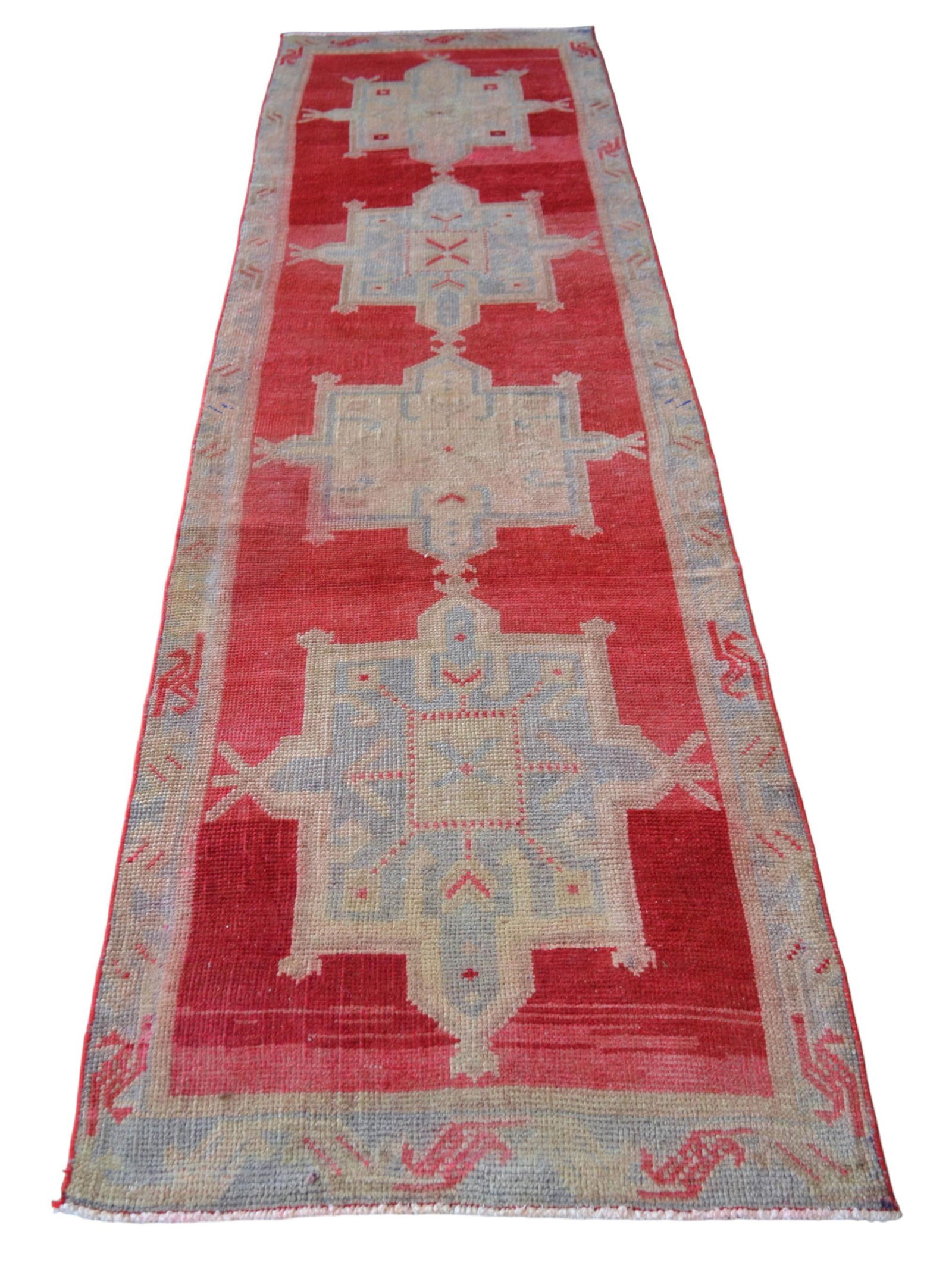 1970s Red Kurdish Herki Hand-Knotted Distressed Runner Hallway Decor - 5