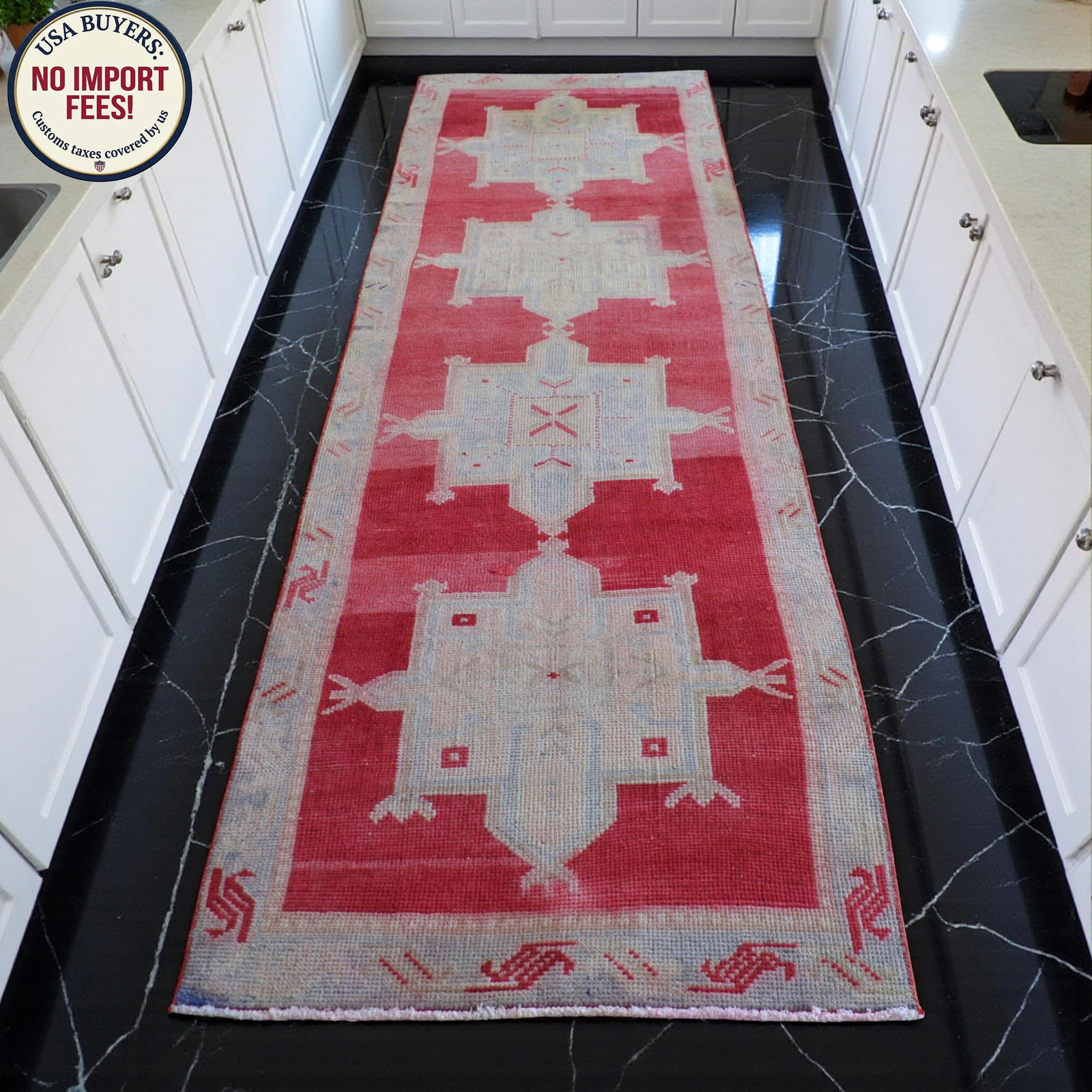 1970s Red Kurdish Herki Hand-Knotted Distressed Runner Hallway Decor - 8
