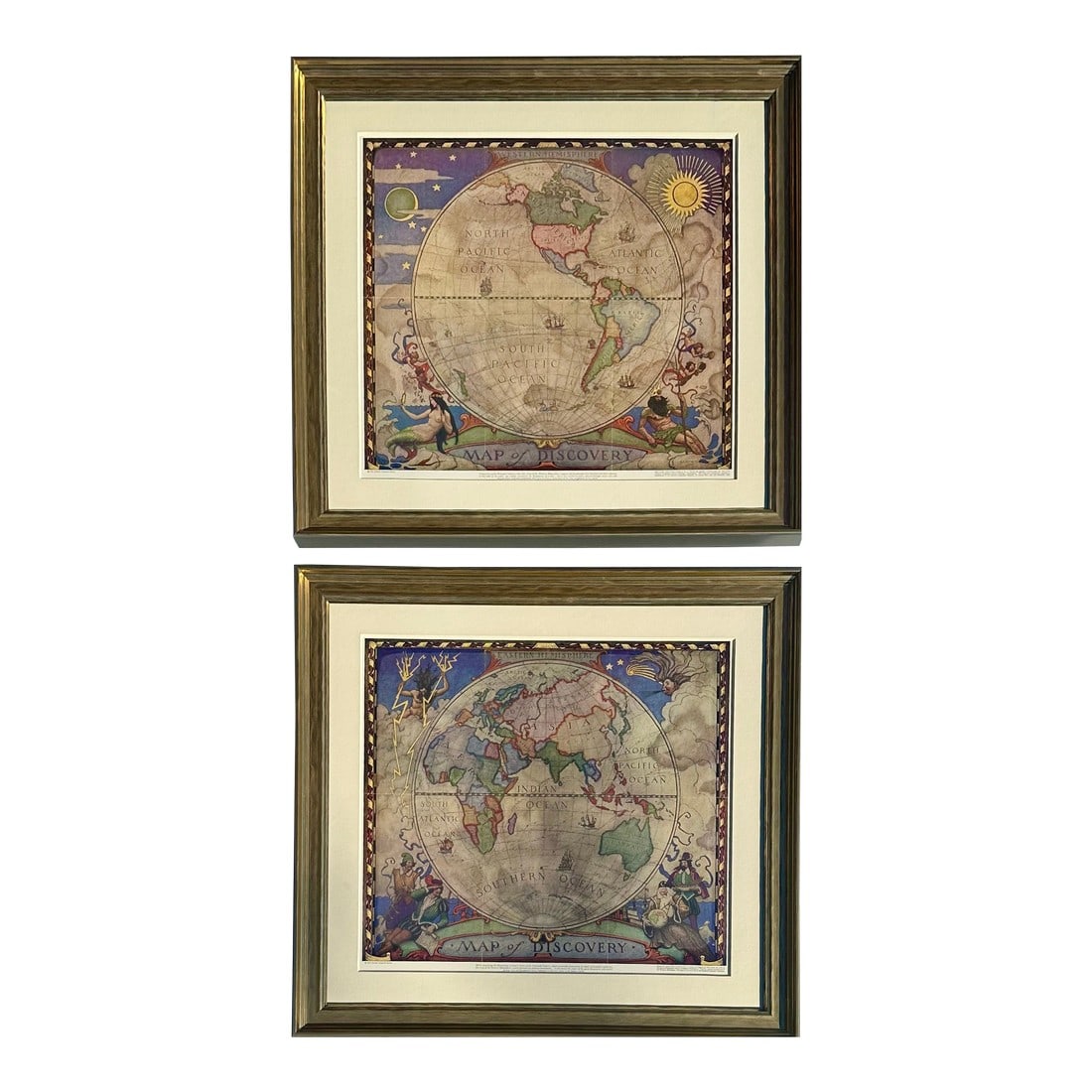 Map of Discovery, Nc Wyeth, 1928 (Set of 2, Framed): Beautiful framed pair of maps of the World, illustrating the remarkable work of the noted American illustrator N.C. Wyeth. Lithograph, 1928. Dimensions: 25 x 23" each, 25 x 50" vertical pair. 