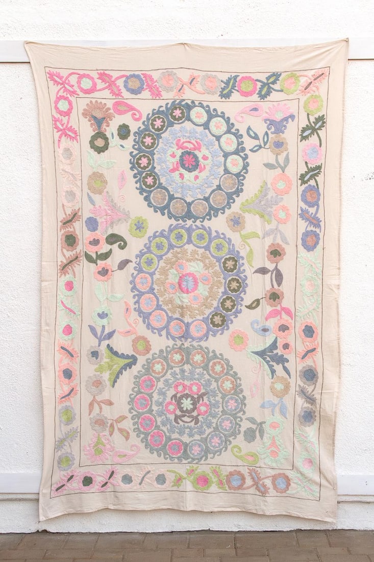 Romantic Pastel Hand Embroidered Suzani Tapestry - 2