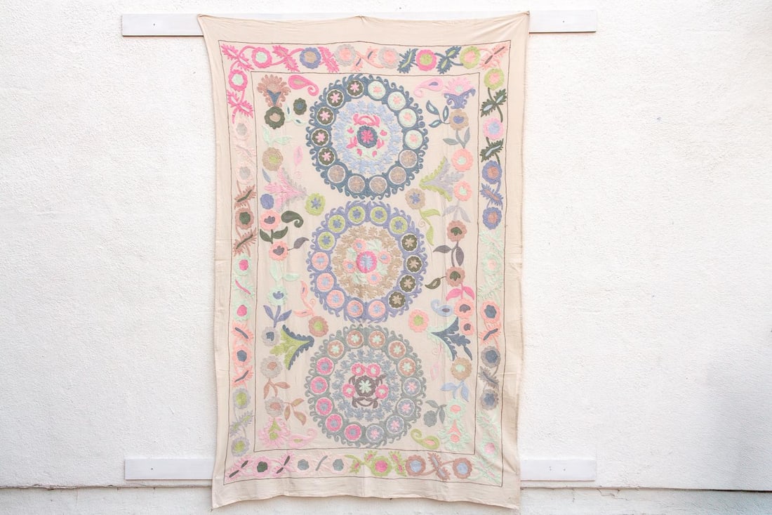 Romantic Pastel Hand Embroidered Suzani Tapestry - 7