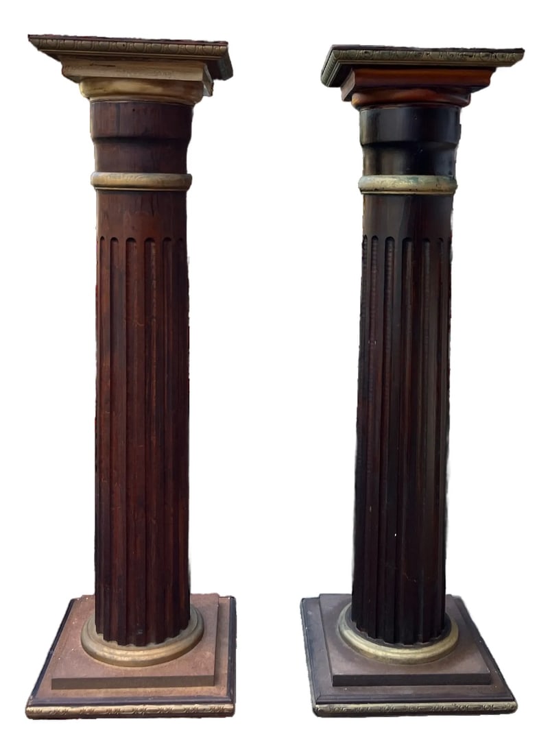 Vintage Classical Revival Fluted Wooden Column Pedestals With Gold Gilding 42.5" X 12": Striking pair of tall wooden column pedestals in Classical Revival style with richly carved fluting and stepped plinth bases. Standing 42.5 inches tall, these substantial columns offer both