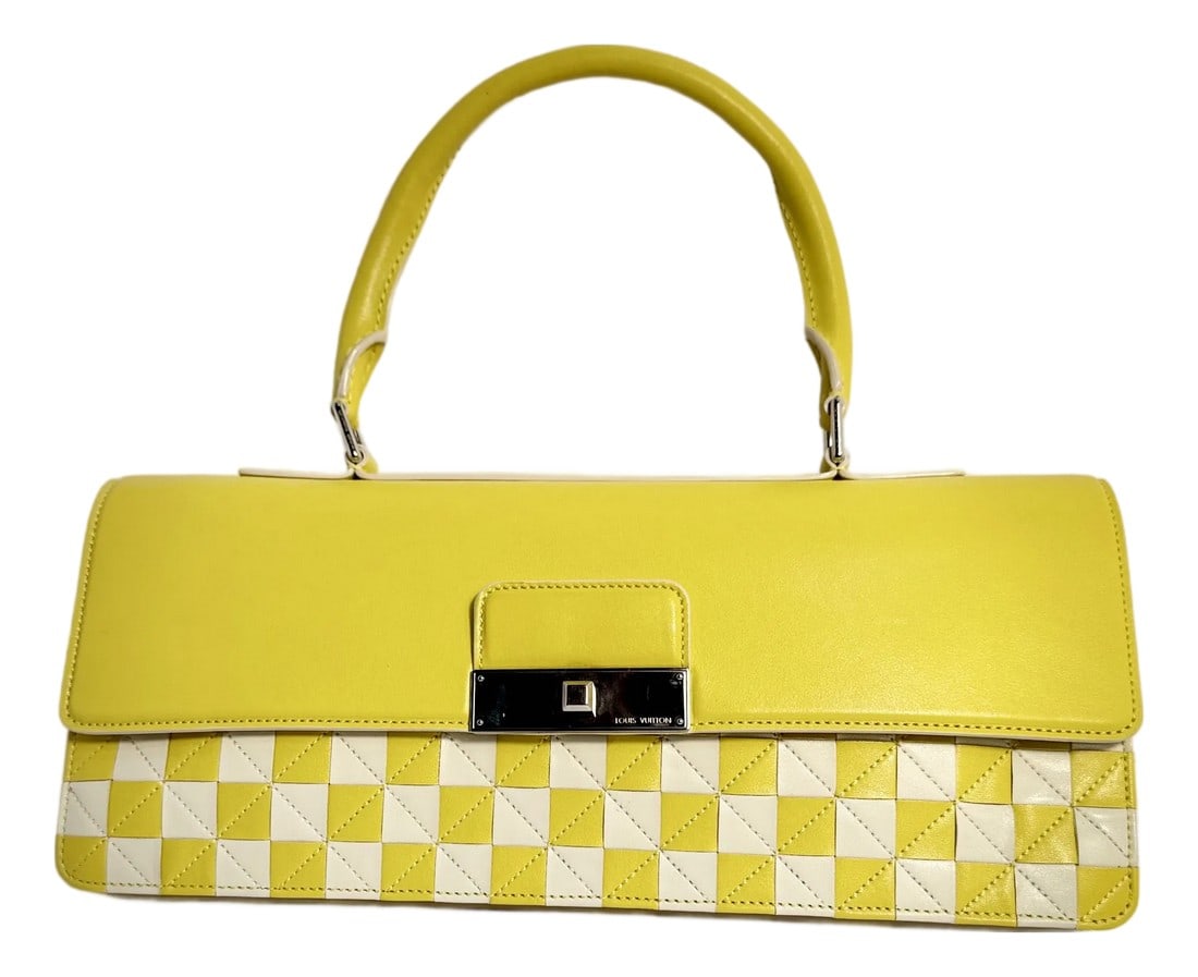 Louis Vuitton Damier Mosaic Ew Jayne Yellow Handbag M94407: Louis Vuitton spring/Summer 2013 runway show bag, in like new no flaws with tags and original dust bag, made in Italy, calfskin leather with raised stitched geometric checkerboard design, polished
