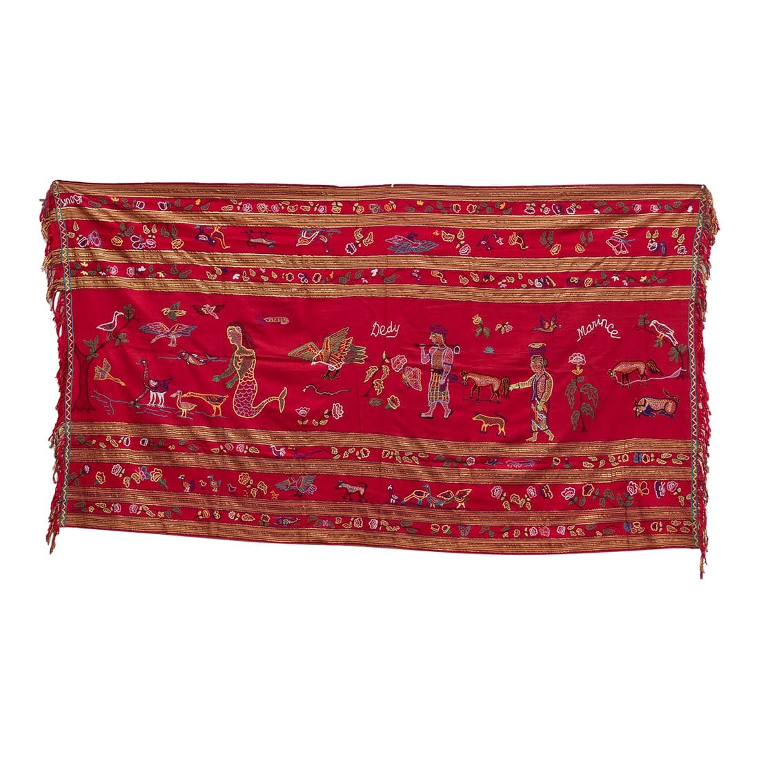 Antique Indonesian Narrative Story Cloth: This spectacular textile is an authentic Antique Indonesian Narrative Story Cloth, distinguished by its unique use of embroidery to record personal history and cultural folklore. Measuring 77 inches