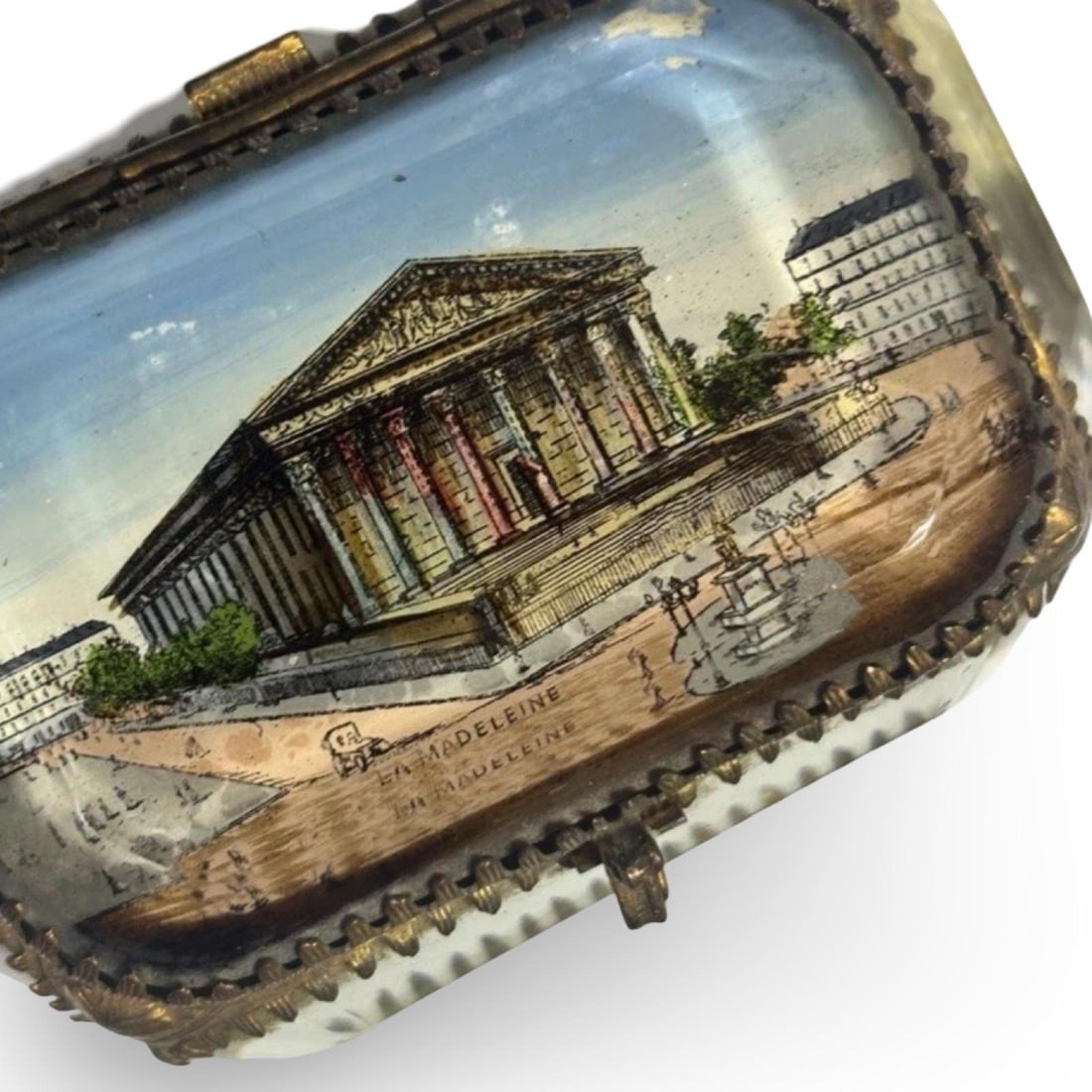 La Madeleine Scene Antique Paris Souvenir Glass Jewelry Box Casket, C. 1900 - 2