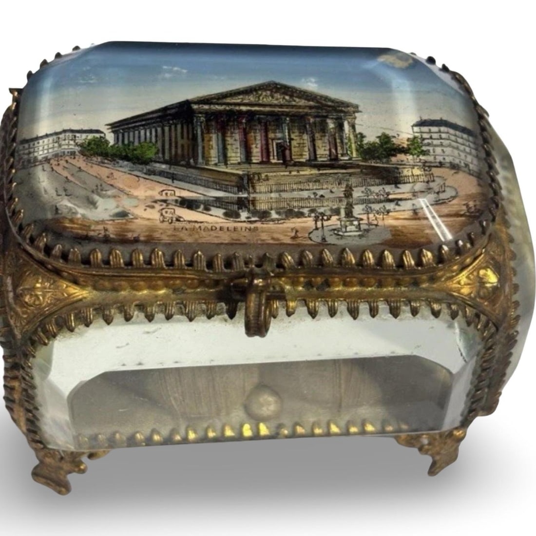 La Madeleine Scene Antique Paris Souvenir Glass Jewelry Box Casket, C. 1900 - 8