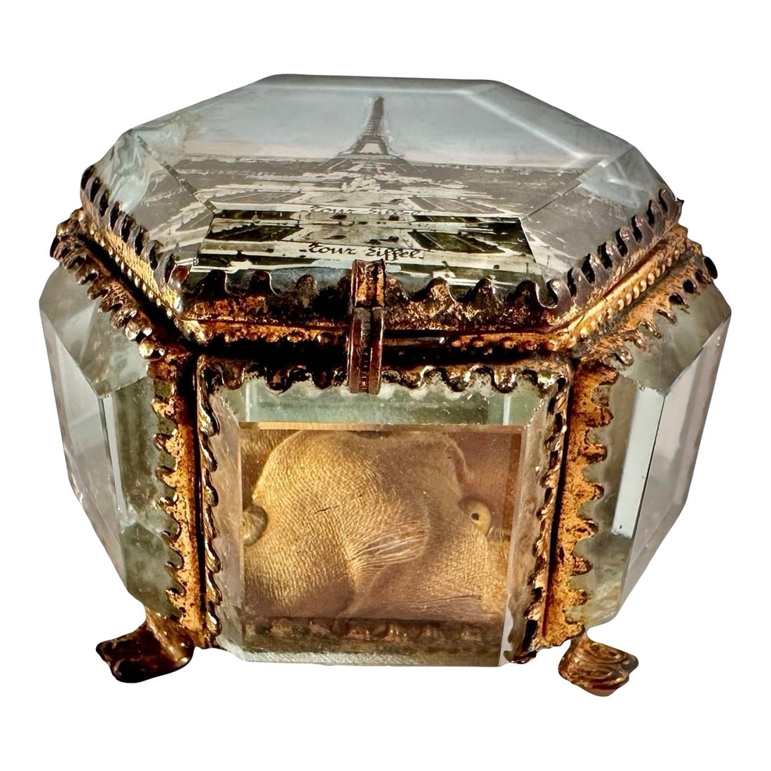 Antique Eiffel Tower Ormolu Jewelry Casket, Photographic Glass Souvenir Box With Iridescent Inlays,: A tiny time capsule from the day the future was unveiled in Paris. An exquisite and rare Belle Époque souvenir casket featuring an original photographic image of the Eiffel Tower beneath