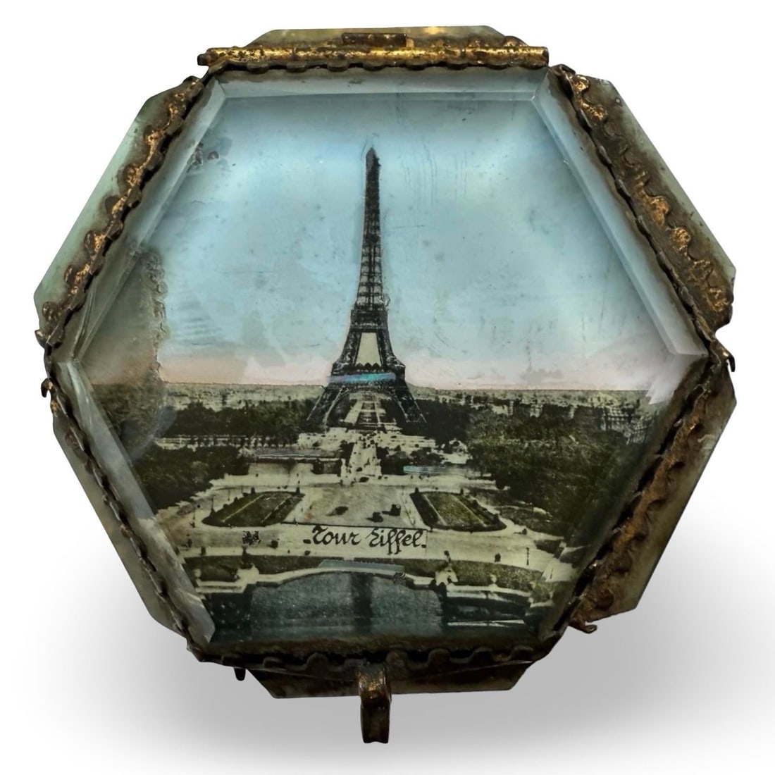 Antique Eiffel Tower Ormolu Jewelry Casket, Photographic Glass Souvenir Box With Iridescent Inlays, - 2