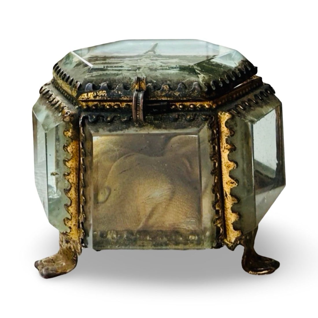 Antique Eiffel Tower Ormolu Jewelry Casket, Photographic Glass Souvenir Box With Iridescent Inlays, - 6