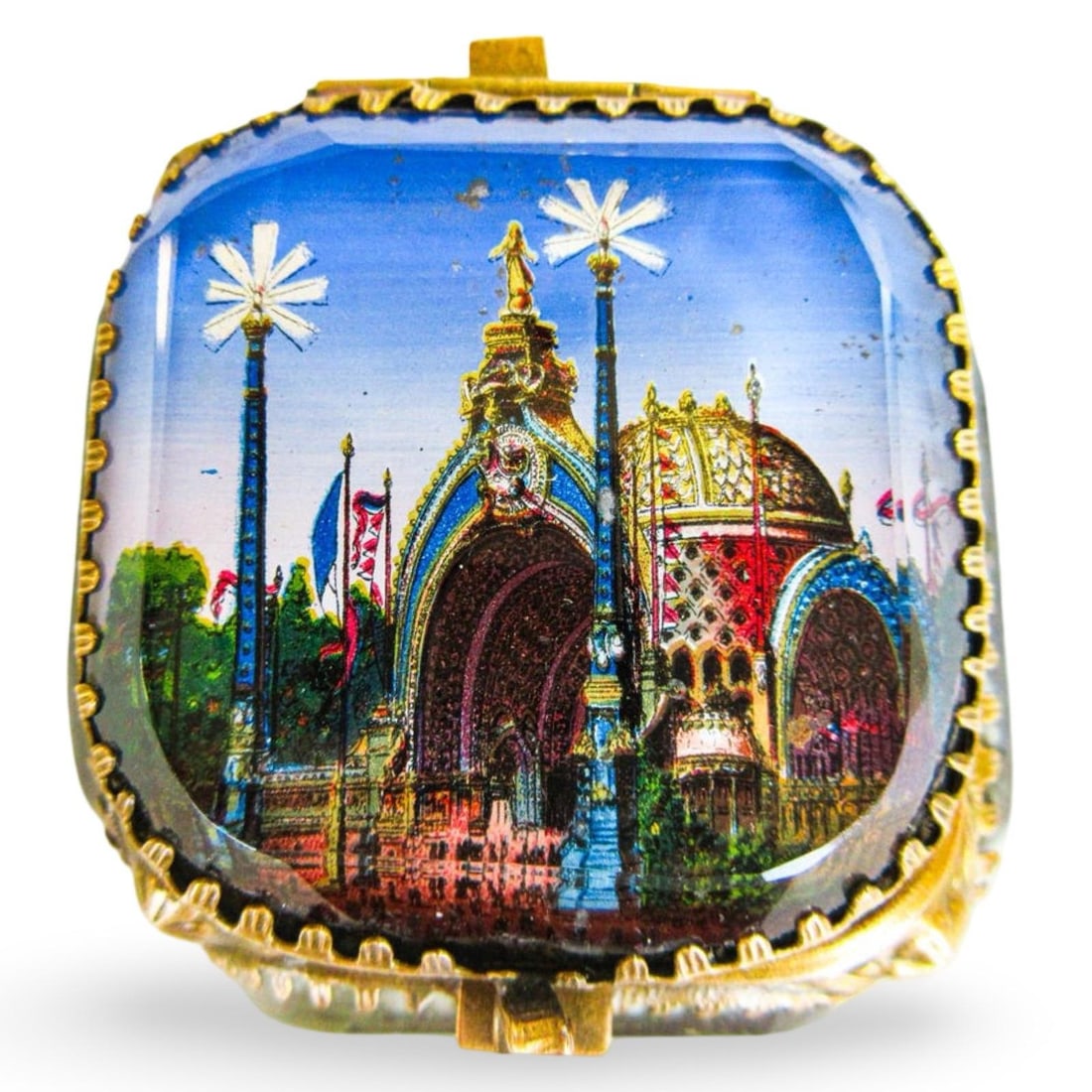 1900 Antique Paris Exposition Ormolu, Beveled Glass Souvenir Jewelry Box, Belle Époque French - 2