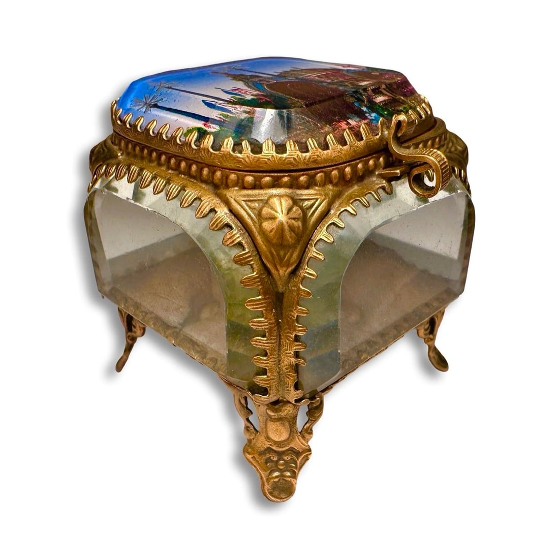 1900 Antique Paris Exposition Ormolu, Beveled Glass Souvenir Jewelry Box, Belle Époque French - 3