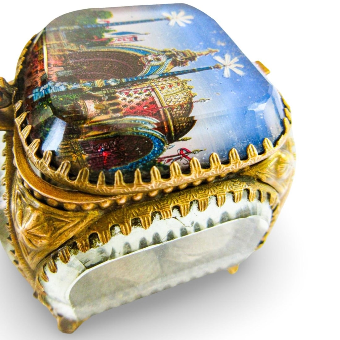 1900 Antique Paris Exposition Ormolu, Beveled Glass Souvenir Jewelry Box, Belle Époque French - 5