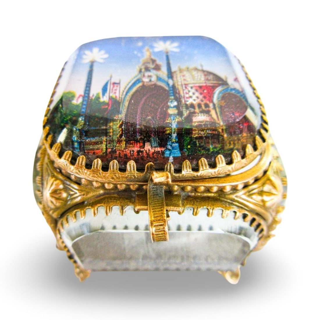 1900 Antique Paris Exposition Ormolu, Beveled Glass Souvenir Jewelry Box, Belle Époque French - 6