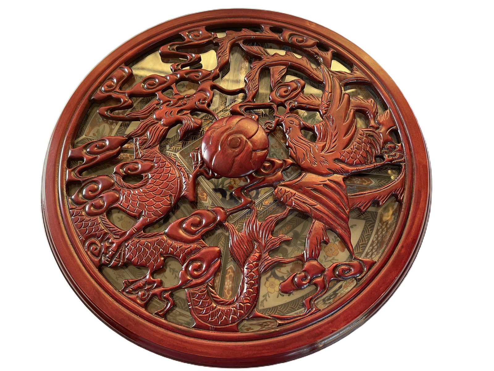 20th Century Chinese Carved Wood and Porcelain Tray of Togetherness - 4