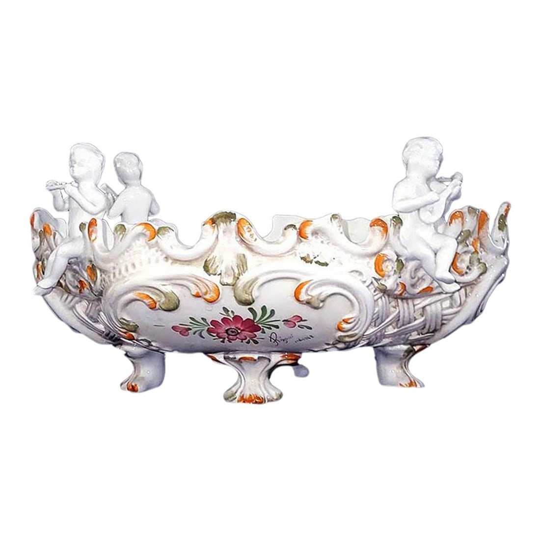 Large Capodimonte Porcelain Centerpiece Putti Cherub Figural Reticulated Centerpiece Bowl - Signed -: Rare antique Capodimonte porcelain reticulated centerpiece bowl surrounded by 4 putti cherubs each playing a musical instrument. The background is slightly off -white with terra cotta splashes of