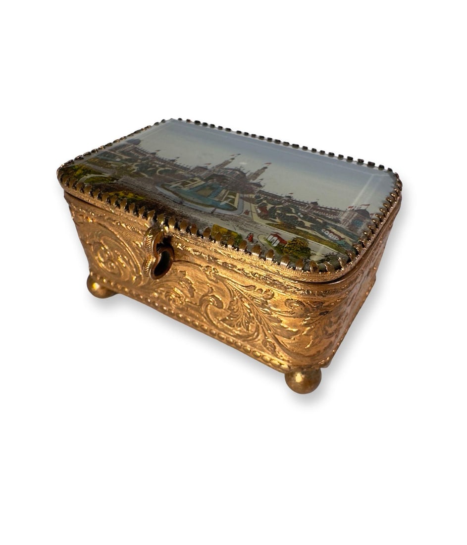 Antique Paris Trocadéro Palace Souvenir Jewelry Box, Gilt Brass & Beveled Glass, C. 1890– - 6