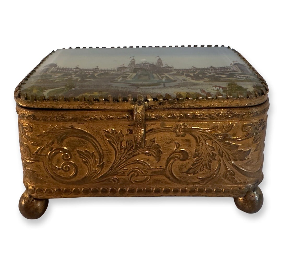Antique Paris Trocadéro Palace Souvenir Jewelry Box, Gilt Brass & Beveled Glass, C. 1890– - 9