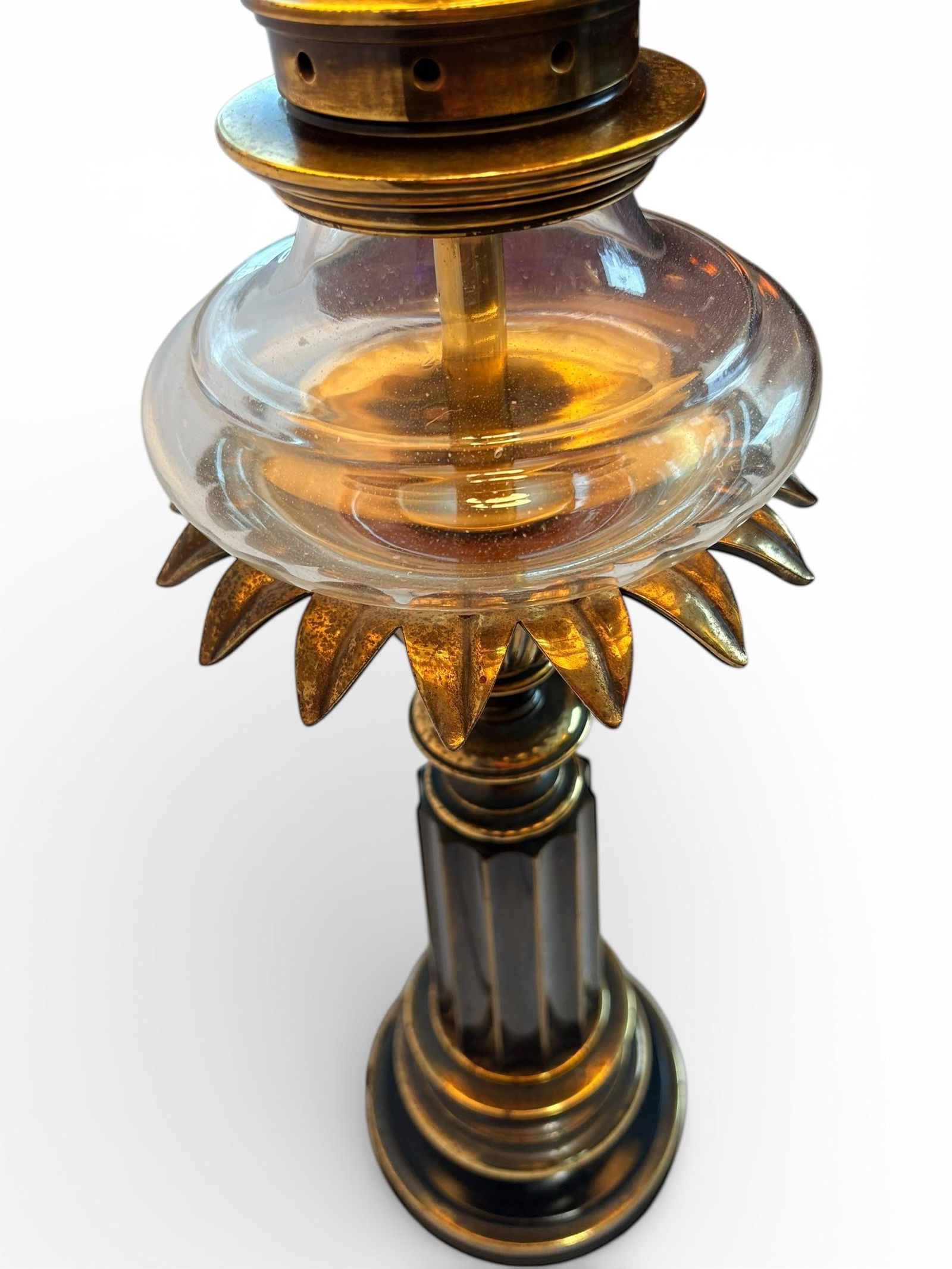1960s MCM Neoclassical Column, Torchiere Stiffel Table Lamp, French Empire Style, Brass Finish & Gla - 3