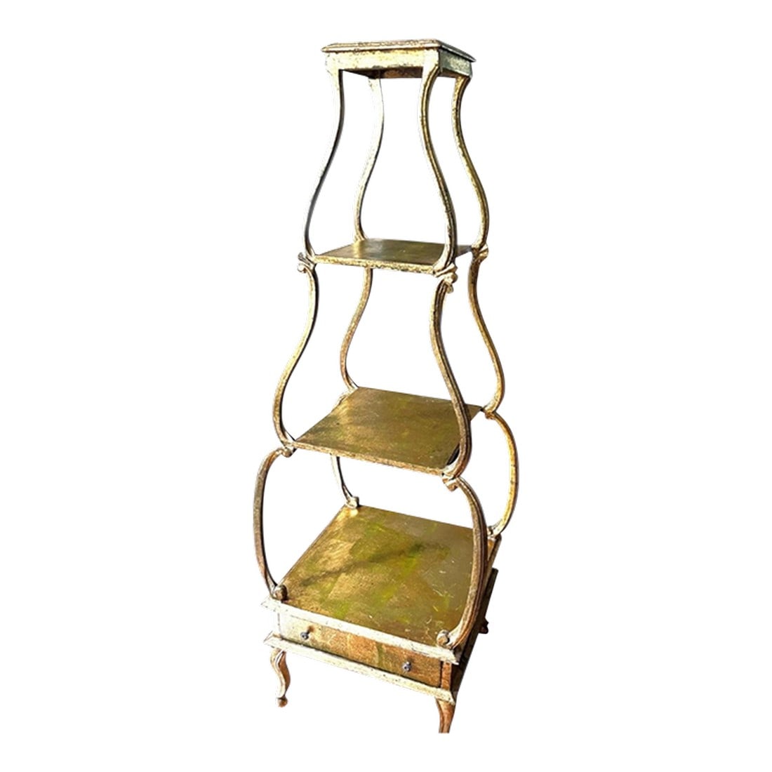 1960s Florentine Gold Wood Etagere Midcentury: Gold Wood Florentine Etagere in a graduated pyramid shape of four shelves and one bottom drawer. Wonderful for displaying your finest collections or pieces. The piece was first painted with yellow