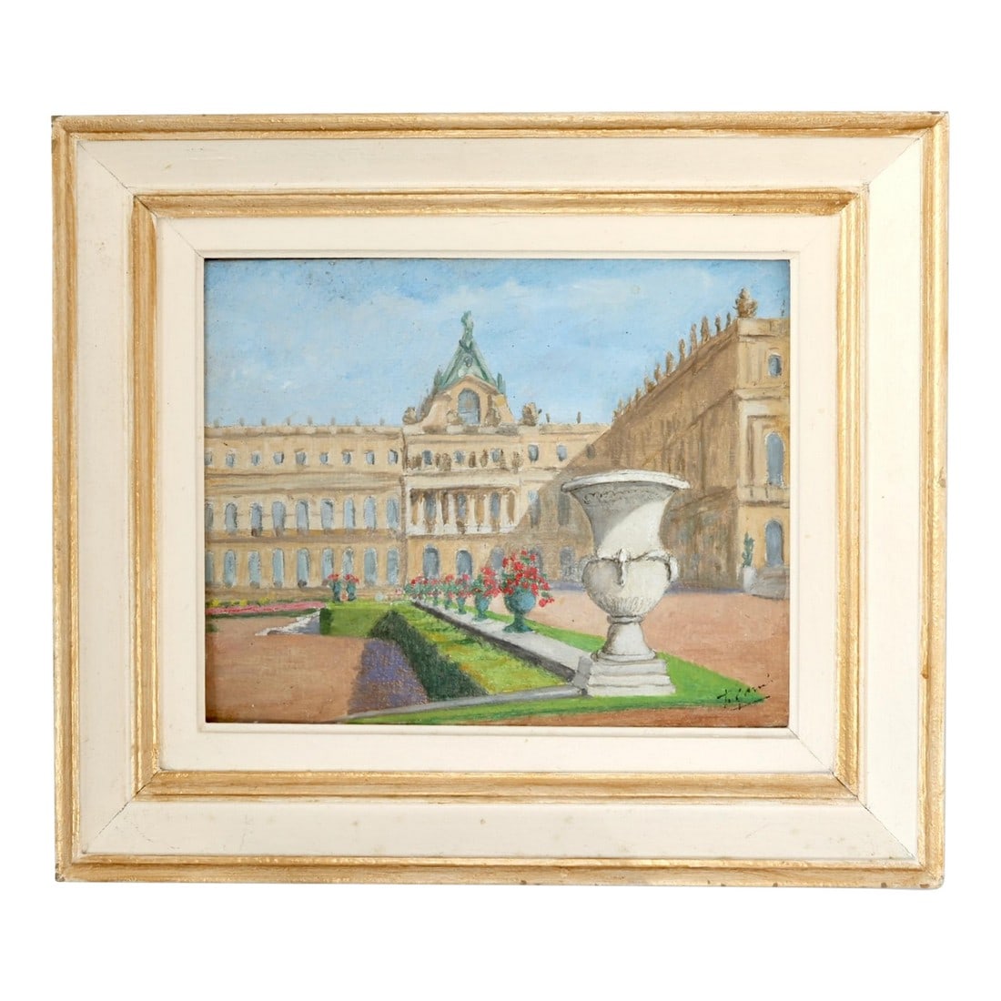 French Painting of the Gardens of Versailles: Charming vintage French painting on board depicting the gardens of Versailles, with a sculptural urn in the foreground, manicured lawns, and the grand château beyond. Signed lower right and