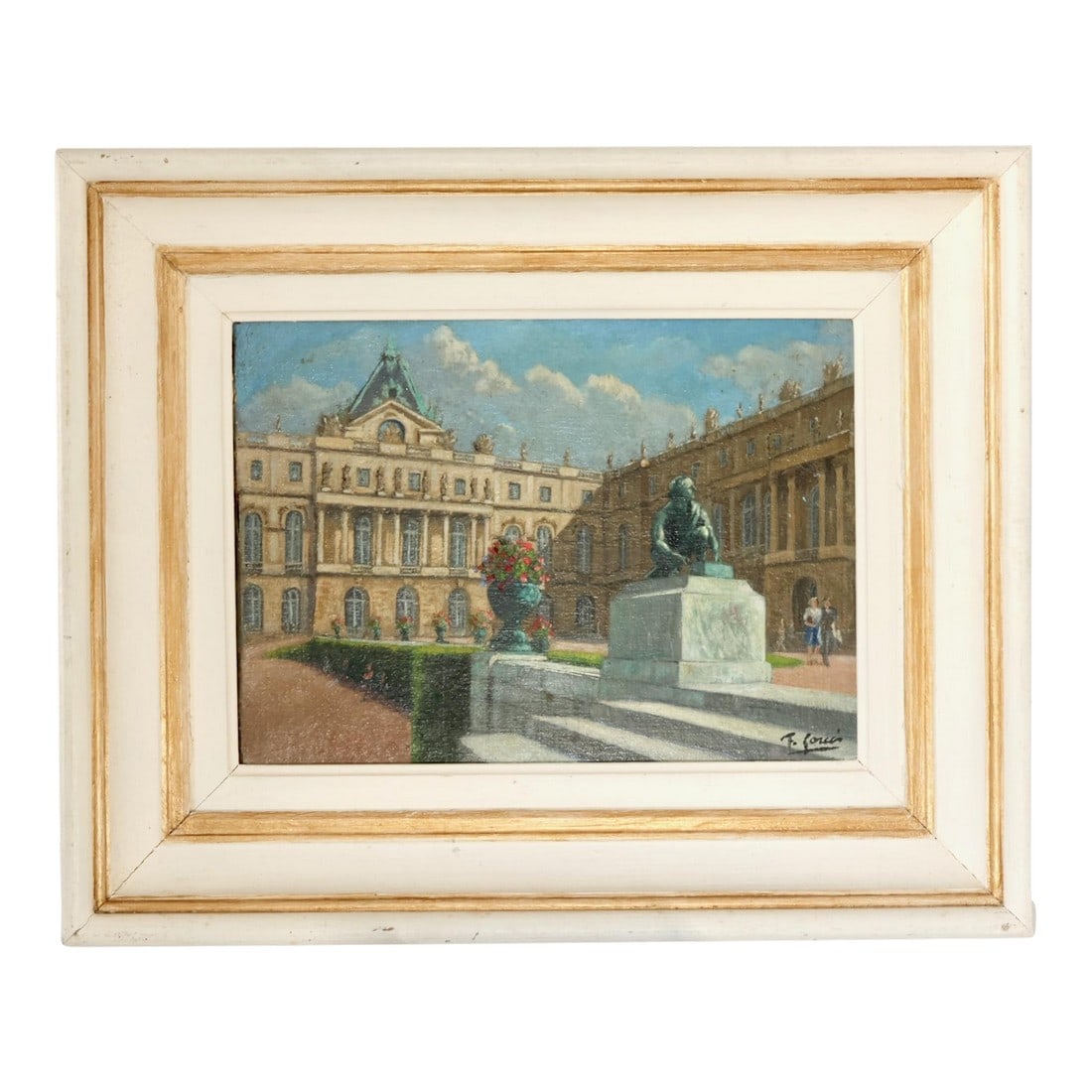 French Painting of the Gardens of Versailles: Decorative vintage French painting on board depicting the gardens of Versailles, with a sculptural urn, manicured hedges, and the château beyond. Signed lower right and titled on the reverse.