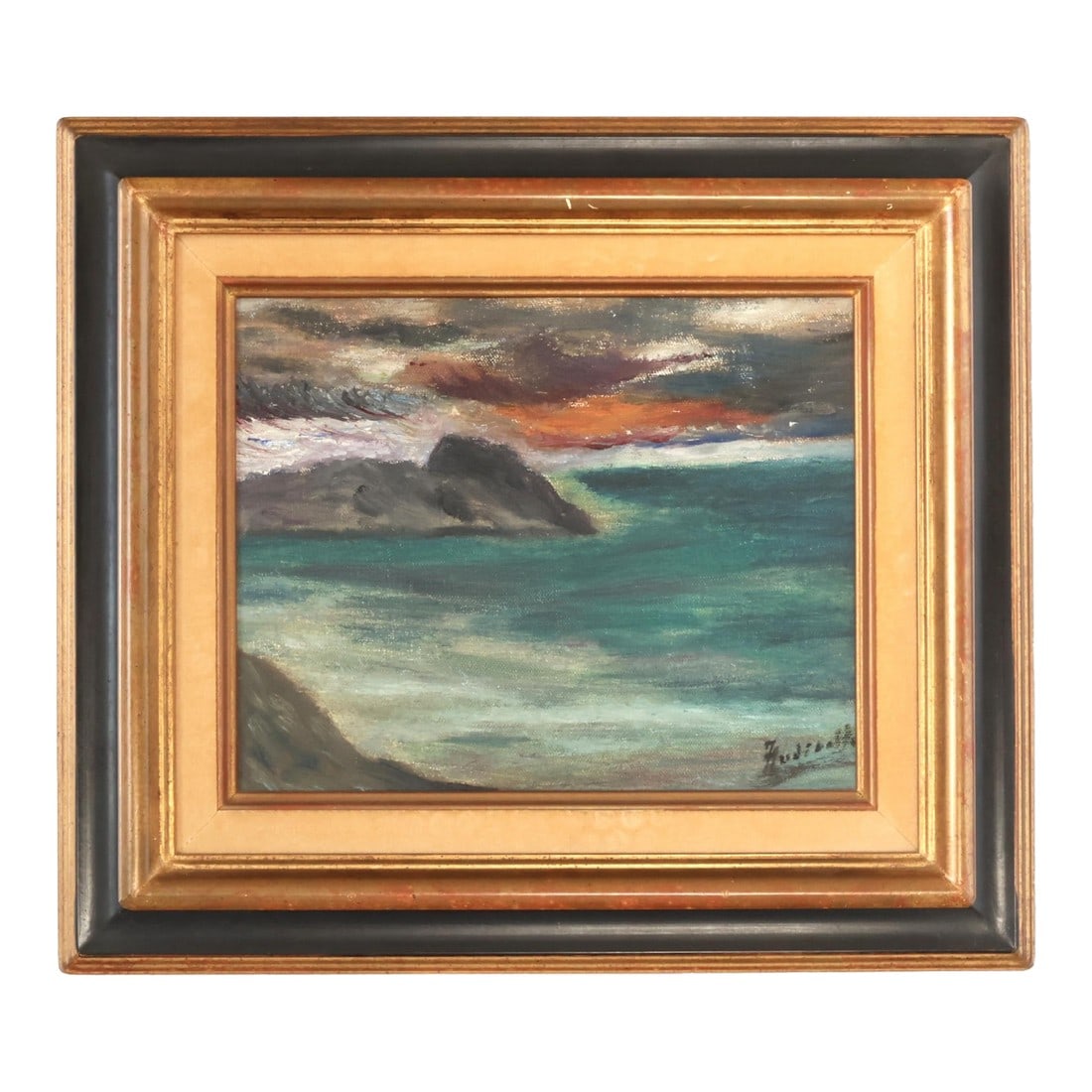 Atmospheric French Rocky Coast Painting, Signed: Atmospheric French seascape depicting a rocky coastline beneath a turbulent sky, where crimson and gold sunset tones break through storm clouds and reflect across teal waters. The painter's