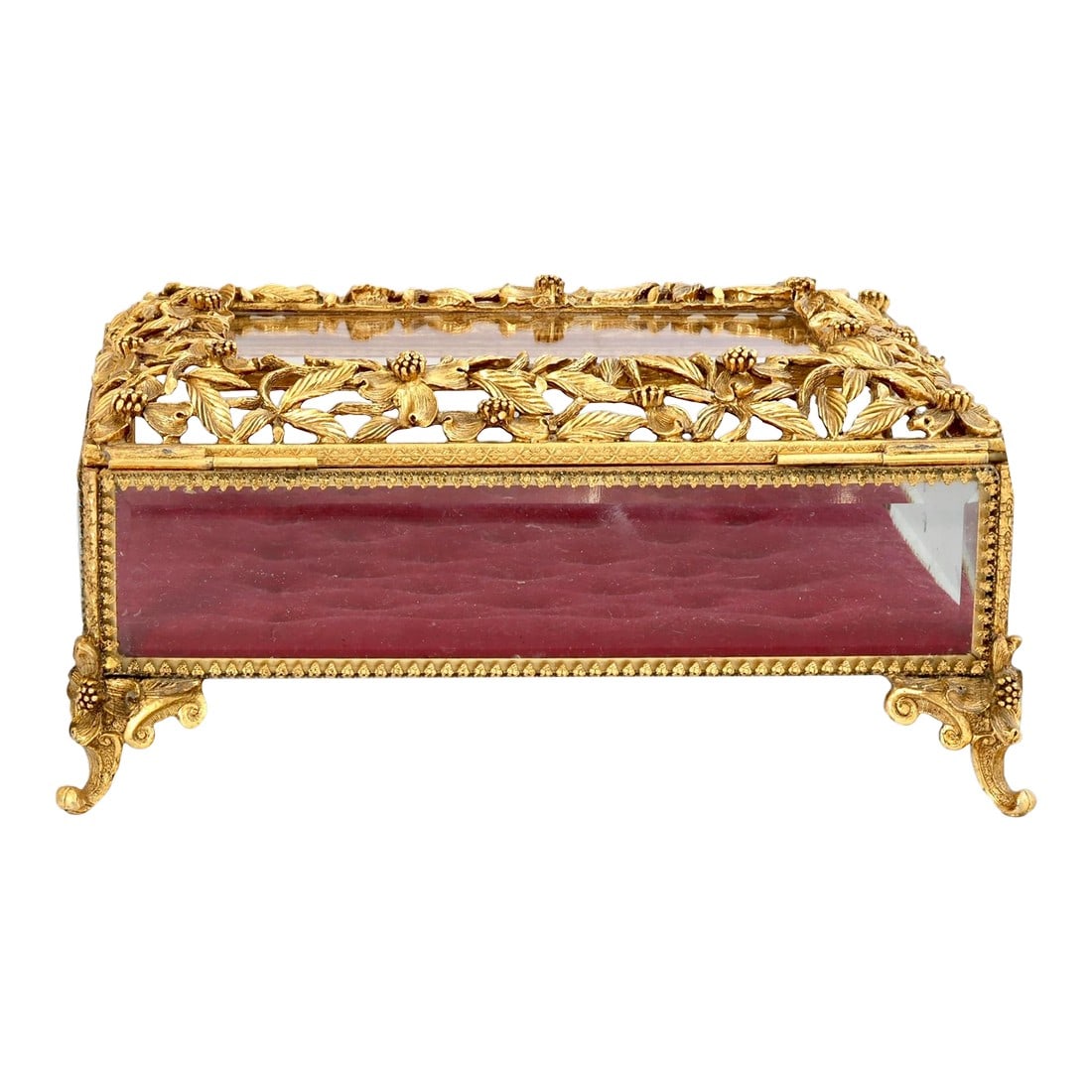 Exceptional Midecntury Matson Ormolu Jewelry Box: A vintage Matson Ormolu jewelry box of exceptional quality, featuring an ornate gilt metal frame with floral detailing and beveled glass panels. The interior is lined in deep red velvet and the box