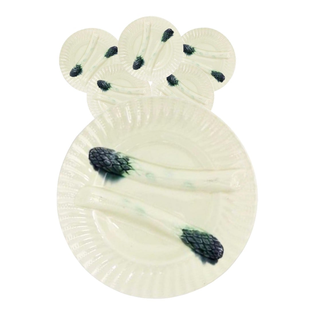 Six Antique French Creil Et Montereau Asparagus Plates: Rare set of six antique French asparagus plates by Creil et Montereau, produced near Paris in the late 19th century. Each plate features a molded shell-form well with delicate green accents over an
