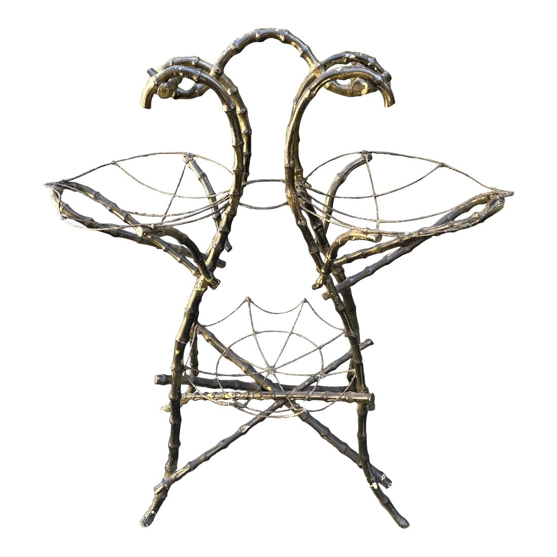 Late 19th Century Gothic Shaped Bamboo Tiered Plant Stand W/Wire Spider Web Holders Painted Black: Here is a fabulous bent bamboo tiered stand with eclectic spider web shaped holders out to the sides (about 21" from the floor) and lower center (about 10" from the floor), which look like they are