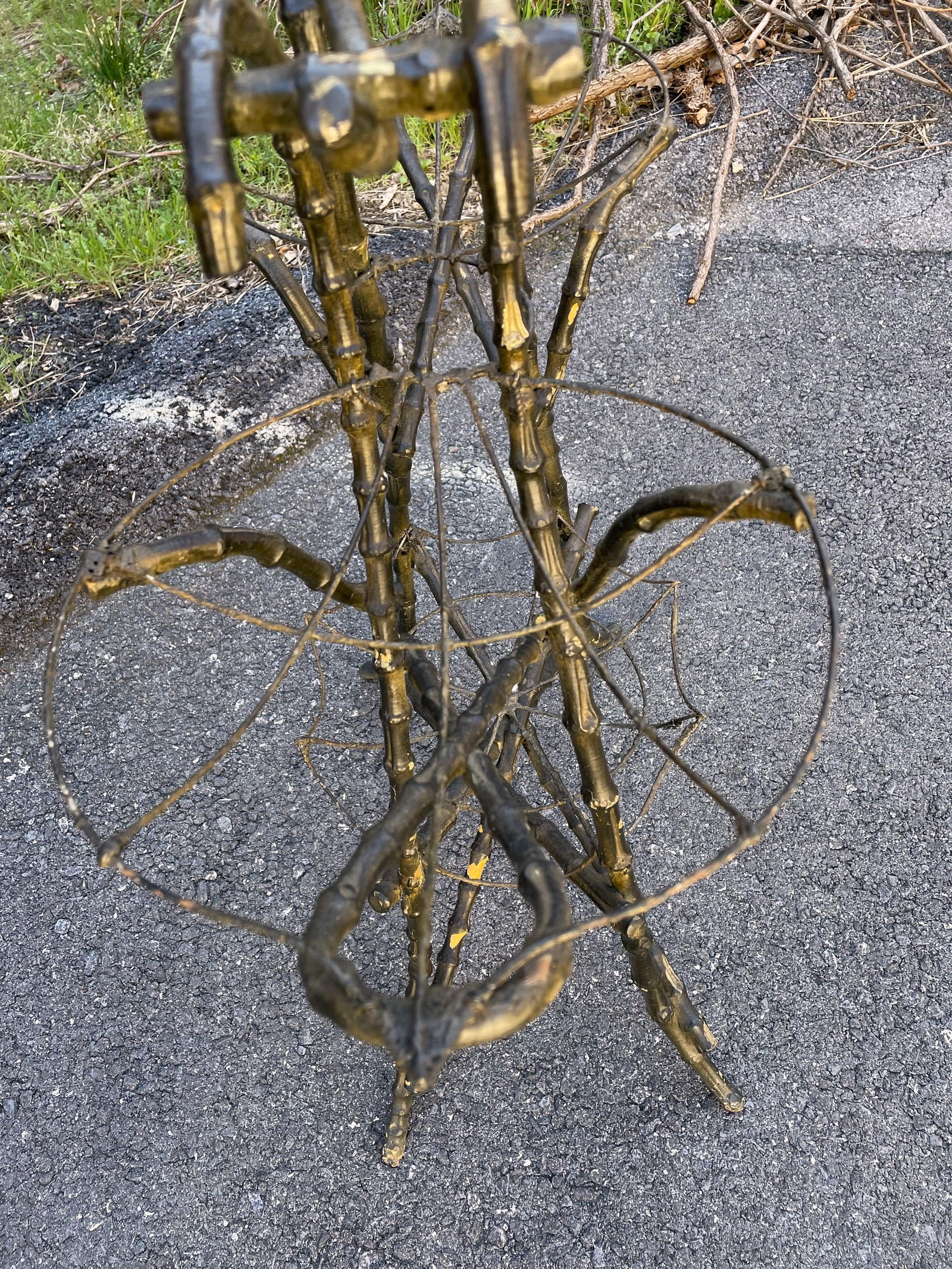 Late 19th Century Gothic Shaped Bamboo Tiered Plant Stand W/Wire Spider Web Holders Painted Black - 9