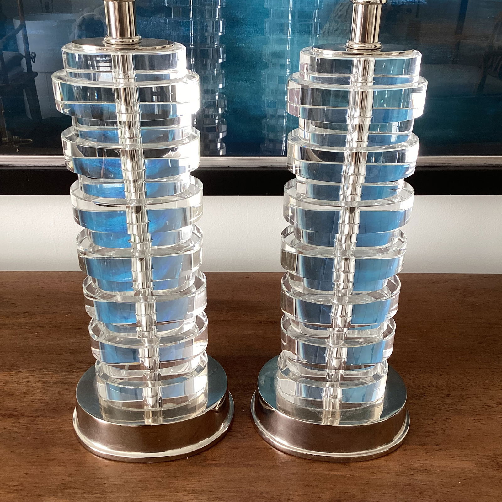 Visual Comfort Art Deco Style Glass and Nickel Table Lamps - a Pair - 3