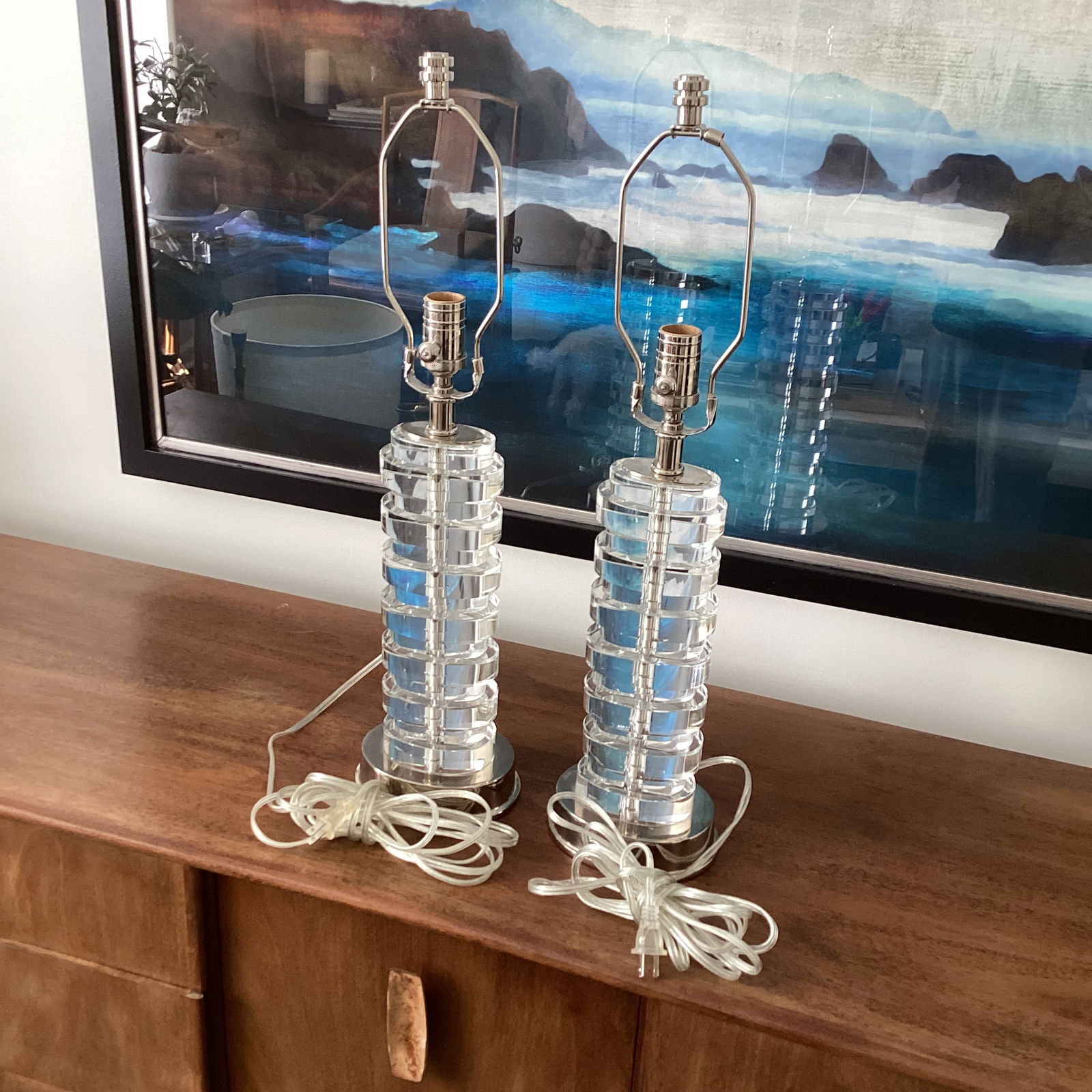 Visual Comfort Art Deco Style Glass and Nickel Table Lamps - a Pair - 4