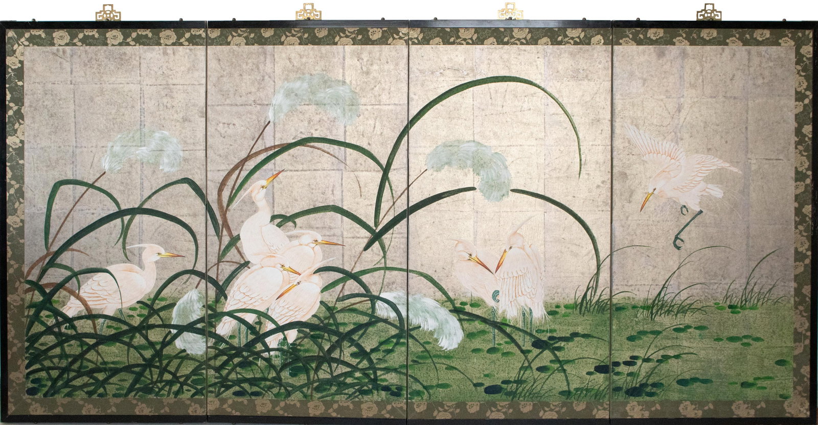 C. 1970s Japanese Style Screen "Egrets" on Silver Background - 18