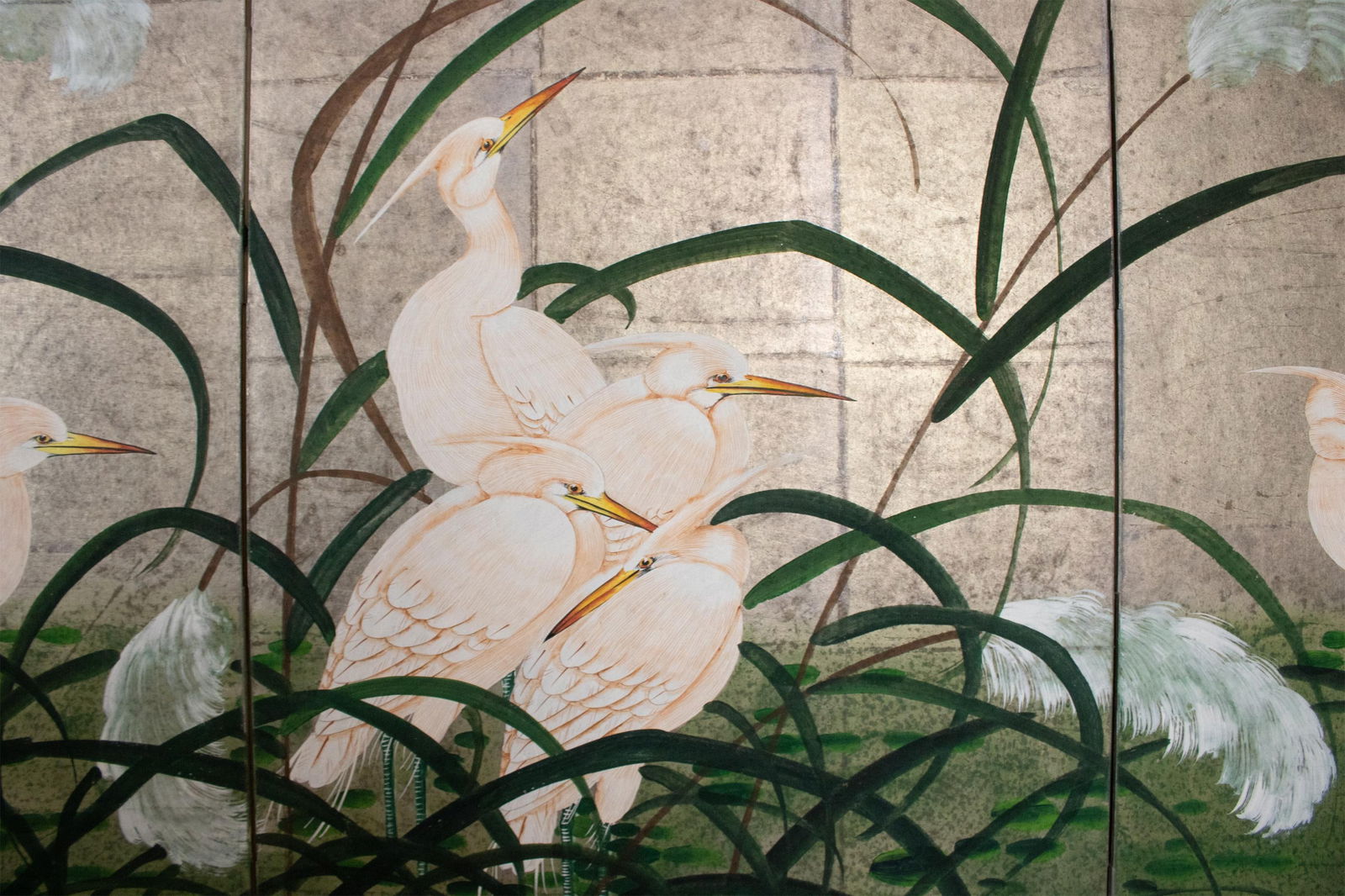 C. 1970s Japanese Style Screen "Egrets" on Silver Background - 4