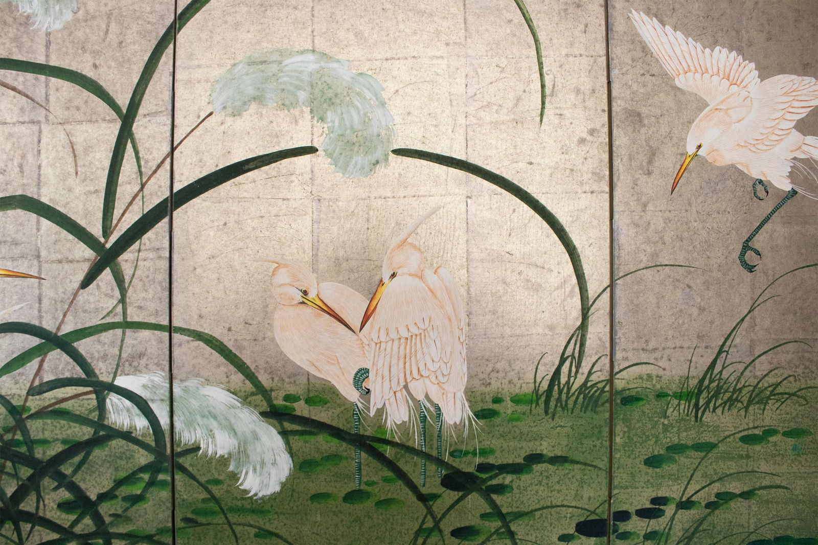 C. 1970s Japanese Style Screen "Egrets" on Silver Background - 7