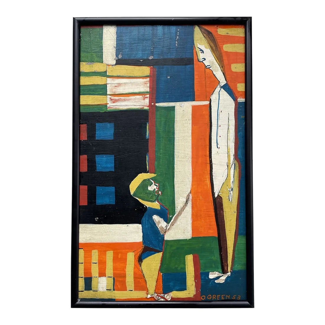 Mid Century Modern Oliver Green Oil Painting on Board in Black Met Frame: Catskills, NY mid century modern painter Oliver Green Oil painting on board with black metal frame. Condition: Alterations: Original Condition Unaltered Imperfections: Some Imperfections Condition