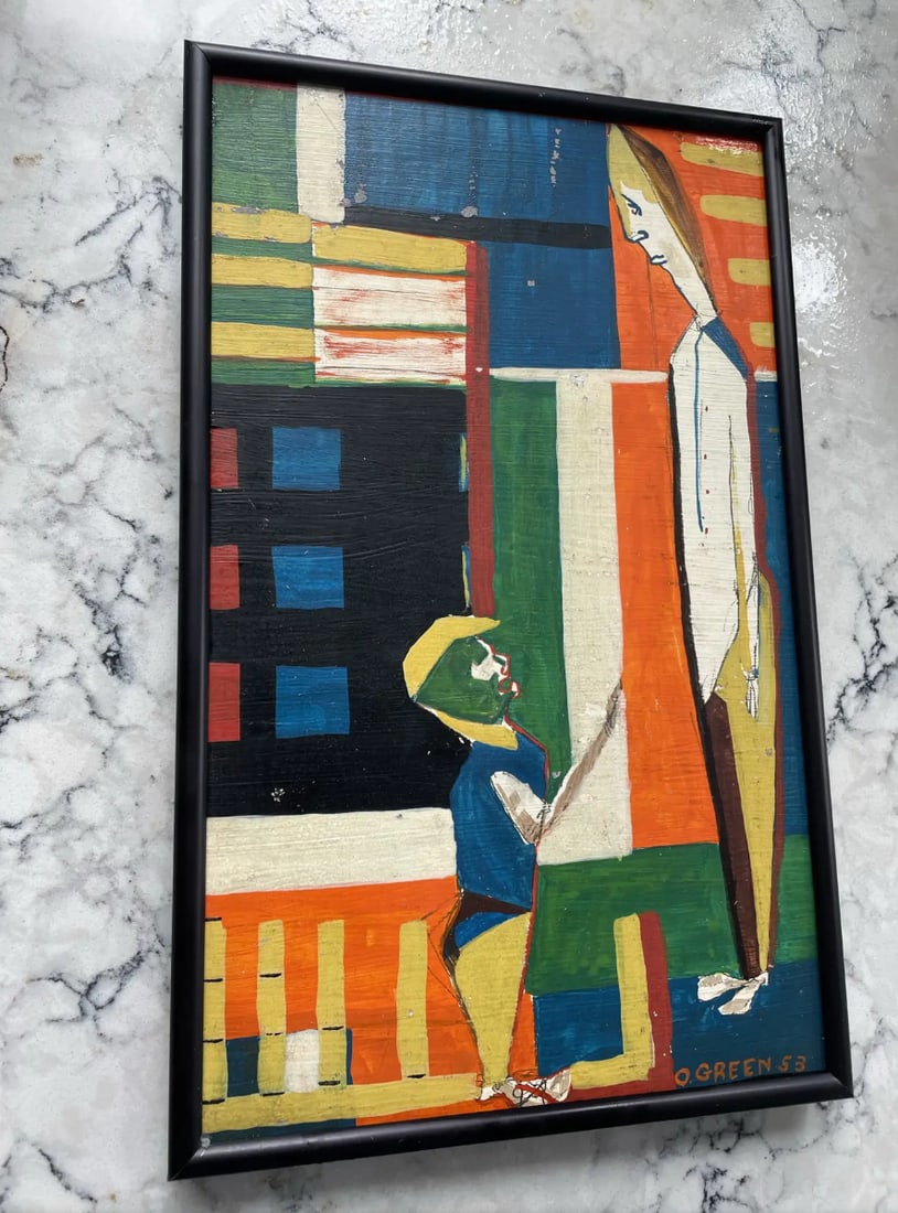 Mid Century Modern Oliver Green Oil Painting on Board in Black Met Frame - 2