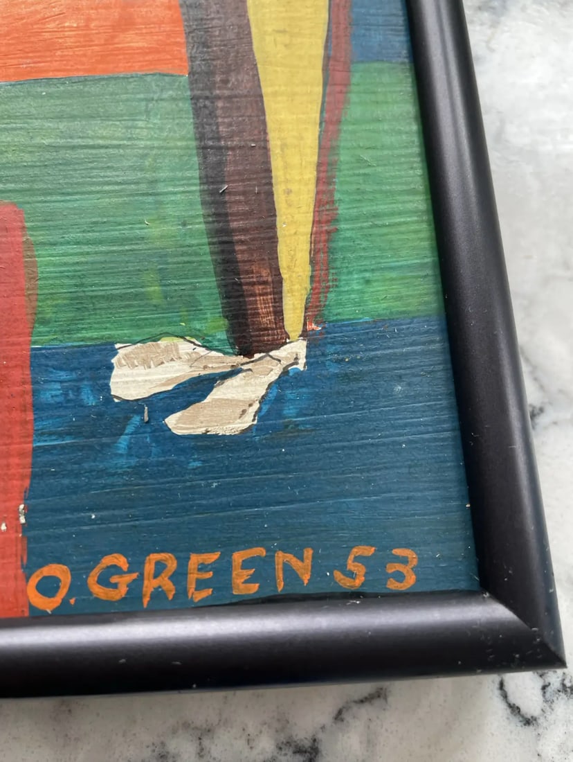 Mid Century Modern Oliver Green Oil Painting on Board in Black Met Frame - 3