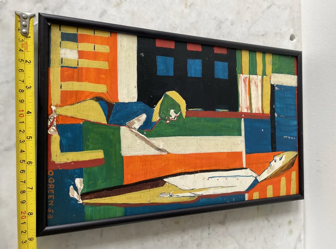 Mid Century Modern Oliver Green Oil Painting on Board in Black Met Frame - 5