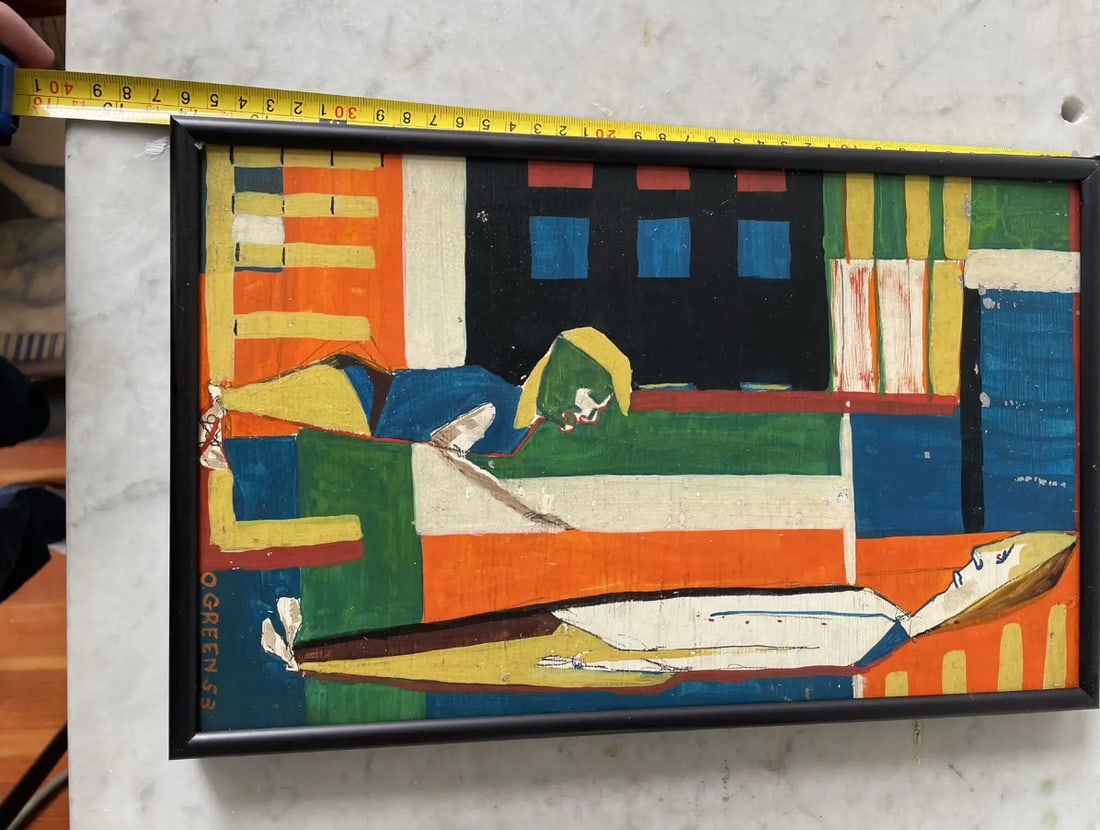 Mid Century Modern Oliver Green Oil Painting on Board in Black Met Frame - 6