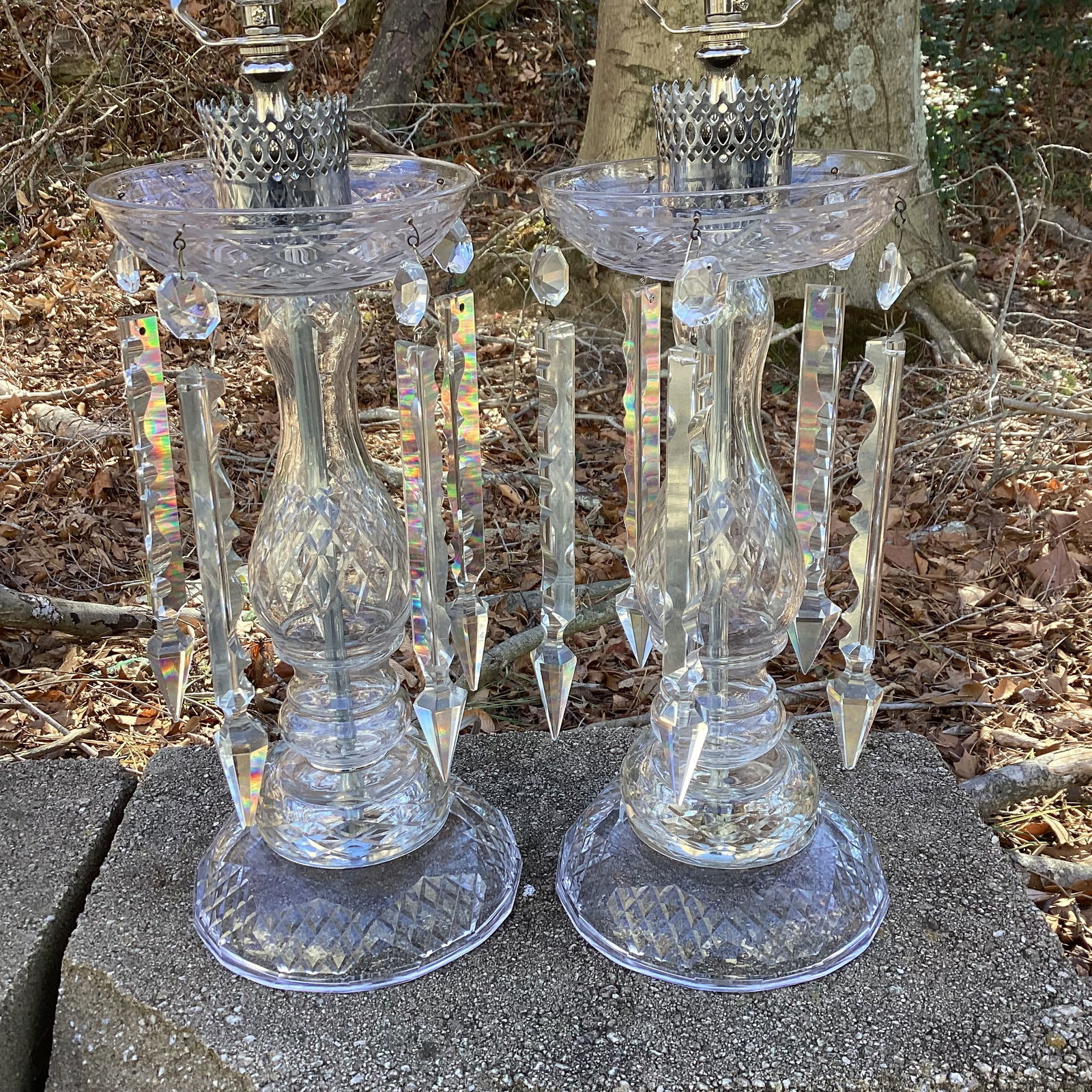 Vintage Pair of Large Crystal Lamps With Silk Drum Shades - Newly Rewired - 2