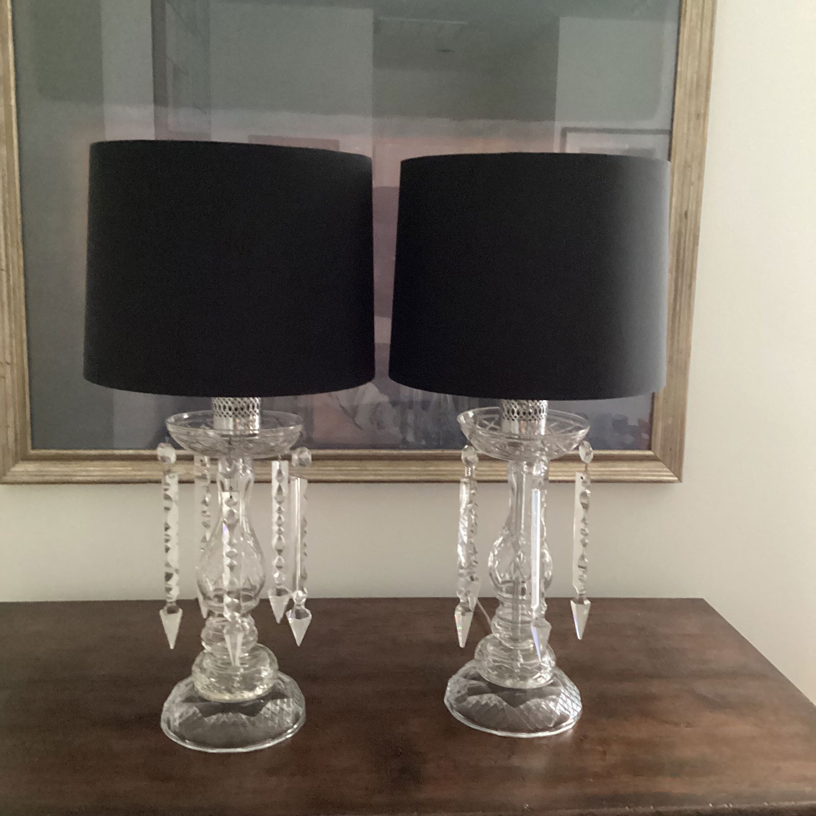 Vintage Pair of Large Crystal Lamps With Silk Drum Shades - Newly Rewired - 3