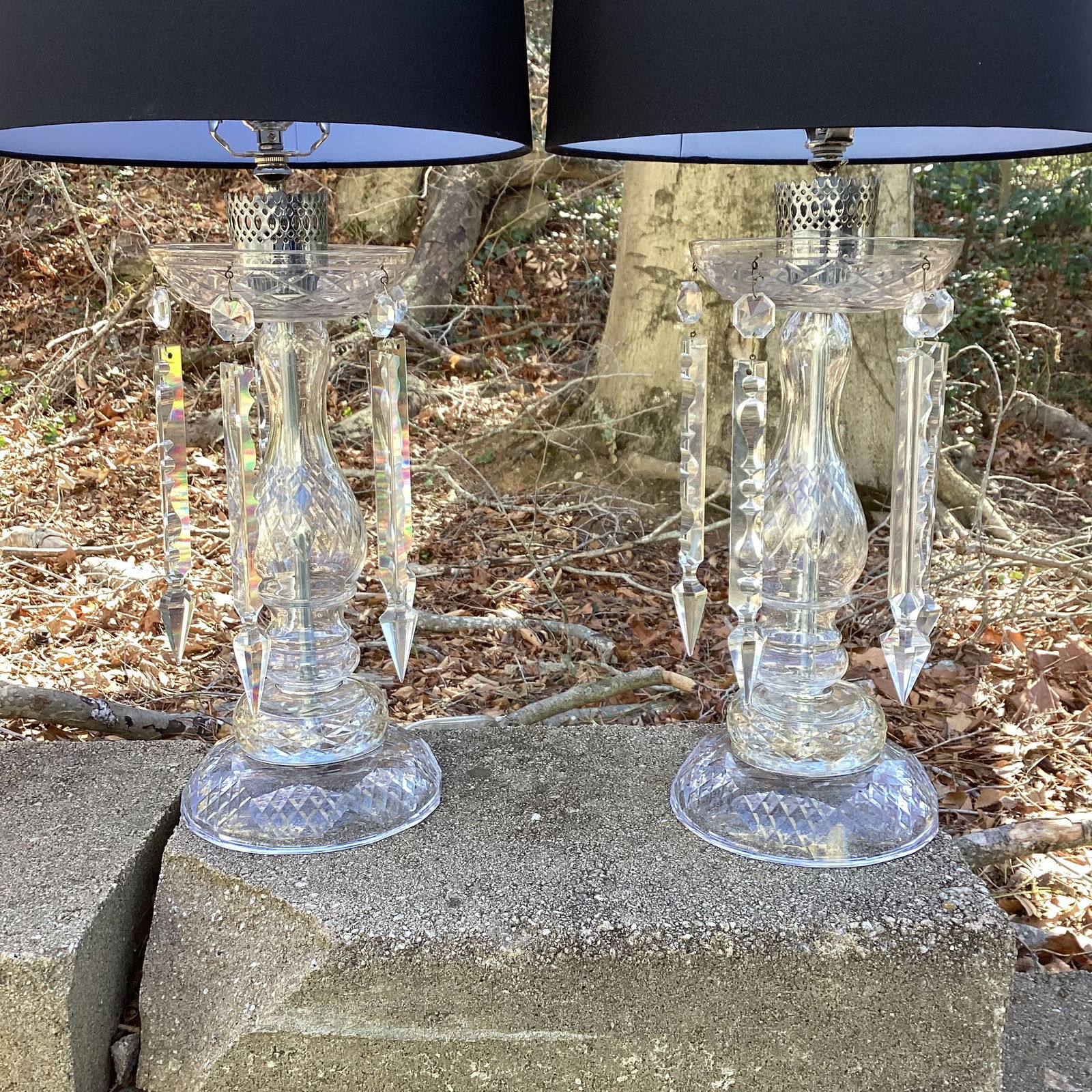 Vintage Pair of Large Crystal Lamps With Silk Drum Shades - Newly Rewired - 4