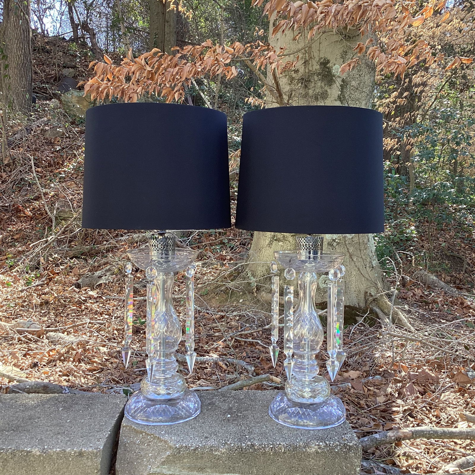 Vintage Pair of Large Crystal Lamps With Silk Drum Shades - Newly Rewired - 5