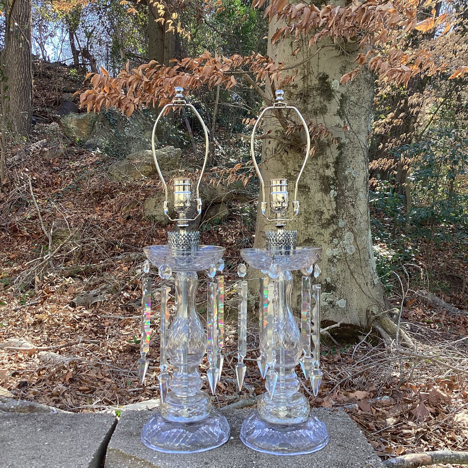 Vintage Pair of Large Crystal Lamps With Silk Drum Shades - Newly Rewired - 6
