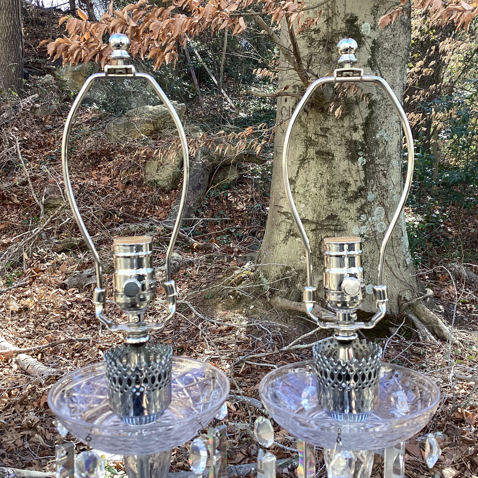 Vintage Pair of Large Crystal Lamps With Silk Drum Shades - Newly Rewired - 7