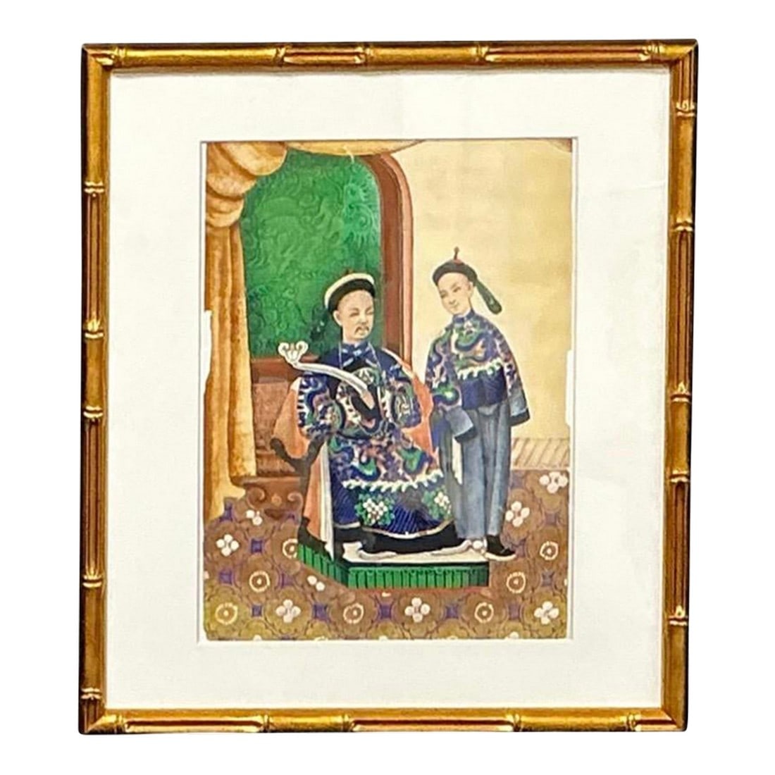Chinese Ancestor Painting on Pith Paper, Faux Bamboo Frame: Chinese Ancestor Painting on Pith Paper, in Faux Bamboo Frame. This refined painting exemplifies the traditional ancestor portraiture commissioned by elite families to honor lineage, virtue, and