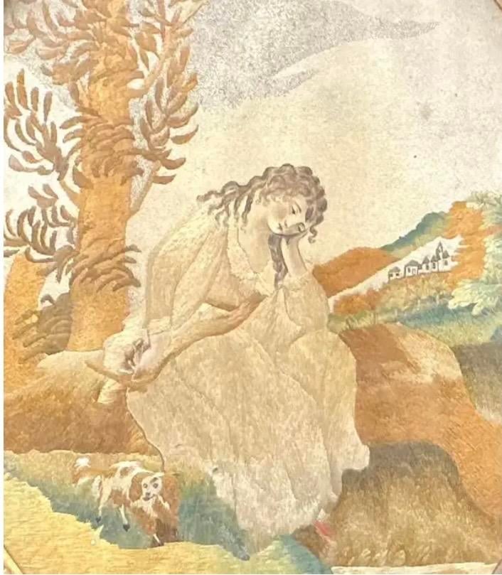 Georgian Oval Silk Embroidery of Girl With Her Dog, Framed - 2